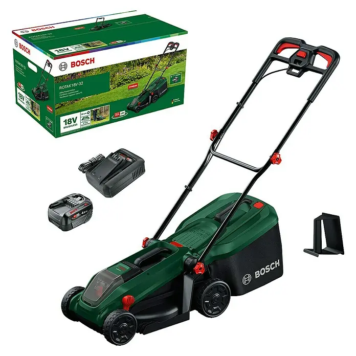 Bosch Power for All 18V Akku-Rasenmäher ROTAK18V-32 - 1 Akku, 4 Ah, Schnittbreite: 32 cm - Grüner und schwarzer Bosch ROTAK18V-32 Akku-Rasenmäher mit Akku, Ladegerät und Verpackung.