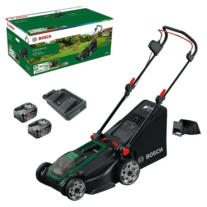 Bosch Power for All 18V Akku-Rasenmäher ROTAK18V2-43 - 2 Akkus, 4 Ah, Schnittbreite: 43 cm - Akku-Rasenmäher Bosch Rotak 18V2-43 (schwarz-grün) mit zwei Akkus, Ladegerät, Mulchkeil und Produktverpackung.
