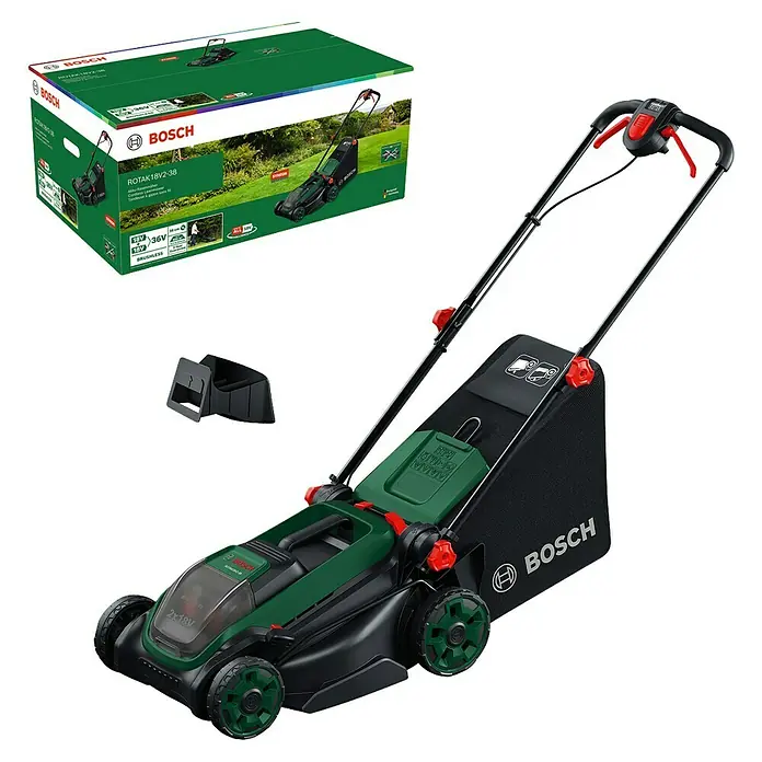 Bosch Power for All 18V Akku-Rasenmäher ROTAK18V2-38 - Ohne Akku, Schnittbreite: 38 cm - Ein grün-schwarzer Bosch Akku-Rasenmäher, Modell Rotak 18V2-38, mit Produktkarton und Batteriefachabdeckung.