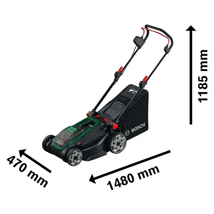 Bosch Power for All 18V Akku-Rasenmäher ROTAK18V2-43 - Ohne Akku, Schnittbreite: 43 cm - Schwarz-grüner Bosch Akku-Rasenmäher mit Griff und Grasfangbox.