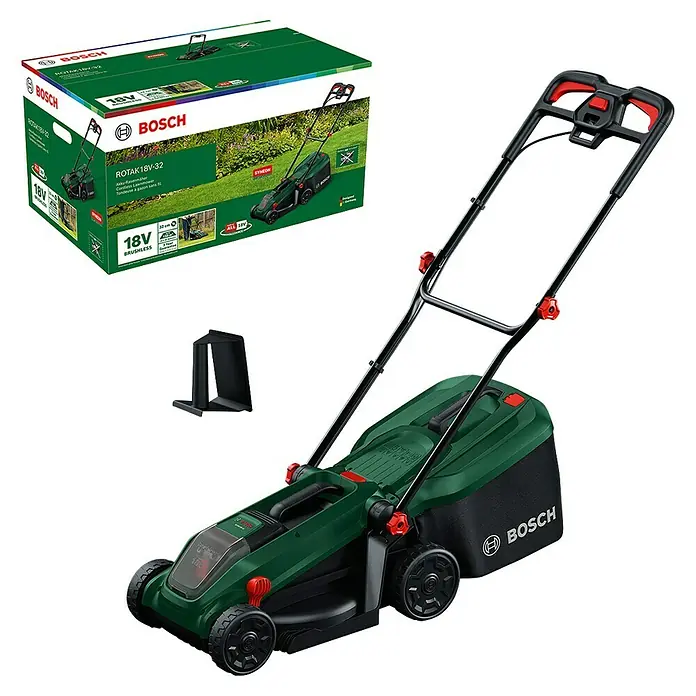 Bosch Power for All 18V Akku-Rasenmäher ROTAK18V-32 - Ohne Akku, Schnittbreite: 32 cm - Grüner und schwarzer Bosch ROTAK 18V-32 Akku-Rasenmäher mit Produktverpackung.