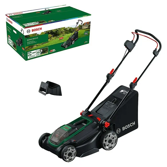 Bosch Power for All 18V Akku-Rasenmäher ROTAK18V2-43 - Ohne Akku, Schnittbreite: 43 cm - Schwarzer und grüner Bosch ROTAK 18V2-43 Akku-Rasenmäher und seine Produktverpackung.