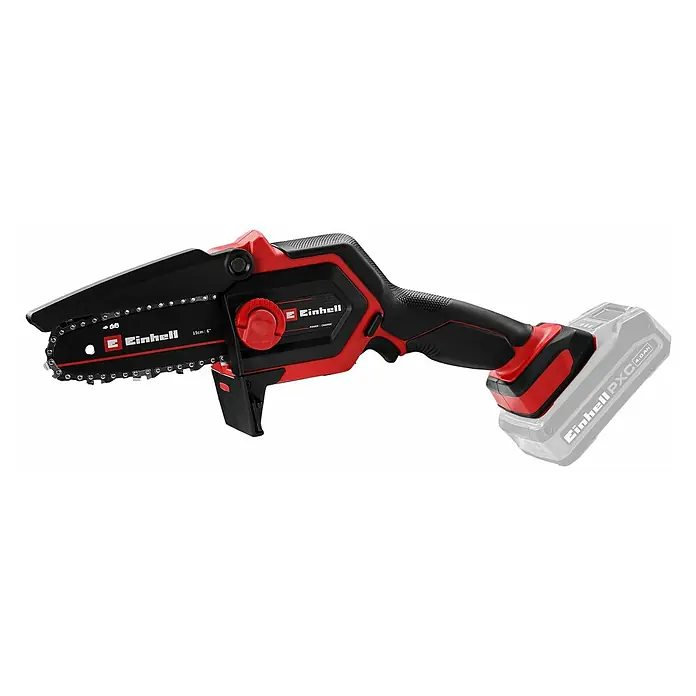Einhell Power X-Change 18V Einhand-Akku-Kettensäge GE-PS 18/15 Li Holster Kit - 18 V, Li-Ionen, Ohne Akku, Schwertlänge: 15,8 cm - Rot-schwarze Akku-Minikettensäge mit abnehmbarem Akkupack.