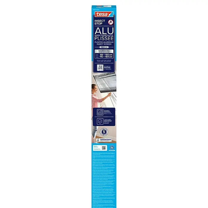 Tesa Insect Stop Insektenschutz-Dachfensterplissee teleskopierbar - Montage Insektengitter: Kleben - tesa INSECT STOP ALU Aluminium-Insektenschutz-Plissee für Dachfenster, mit weißem Rahmen und anthrazitfarbenem Netz, Powerstrips-Montage.