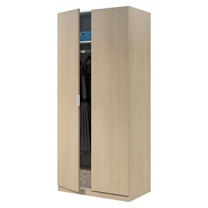 Armario multiusos de madera LCX022 - L x An x Al: 52 x 81,5 x 180 cm, Roble - Armario de madera clara con dos puertas ligeramente abiertas, revelando ropa y textiles doblados.