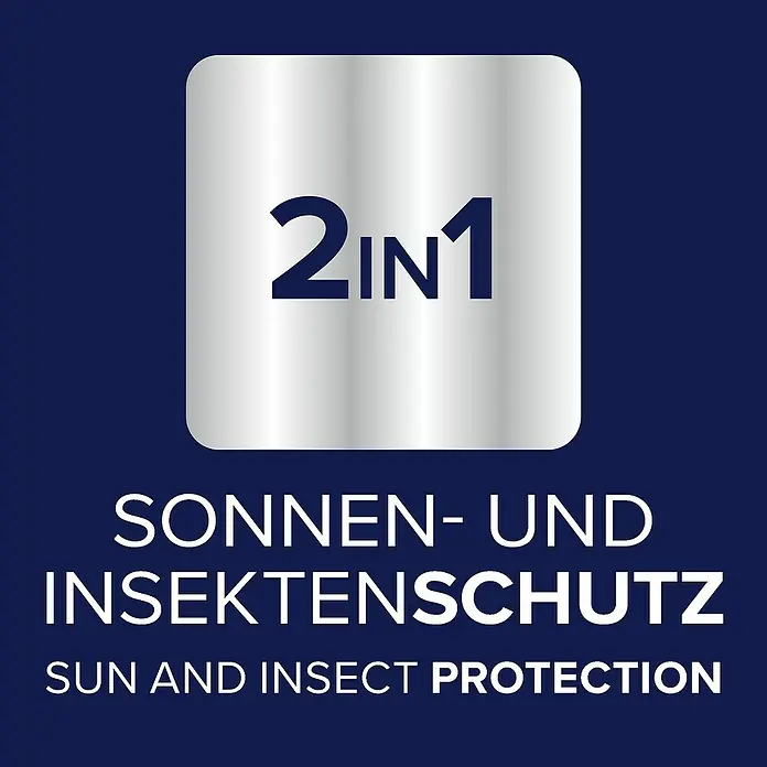 Tesa Sonnen-& Insektenschutz-Gitter - B x H: 130 x 150 cm, Montage Insektengitter: Ankletten - Silbernes 2IN1-Symbol für Sonnen- und Insektenschutz.