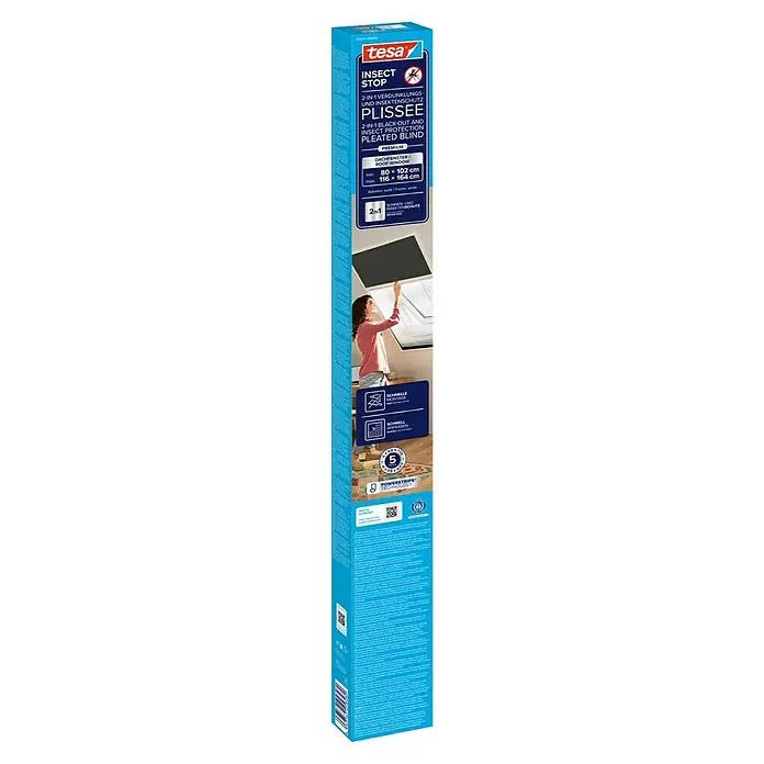 Tesa Sonnen-& Insektenschutz-Gitter - B x H: 116 x 164 cm, Montage Insektengitter: Kleben - Blaue tesa Insect Stop 2-in-1 Verdunkelungs- und Insektenschutz-Plissee Verpackung für Dachfenster, mit Powerstrips Technologie.
