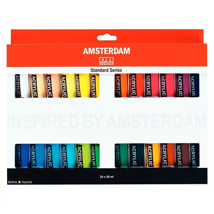Talens Amsterdam Pintura acrílica Standard Series - Multicolor, 24 ud. x 20 ml, Tubo - Primer plano de un paquete de pinturas acrílicas Amsterdam Standard Series con 24 tubos de 20 ml cada uno, ideal para artistas y aficionados.