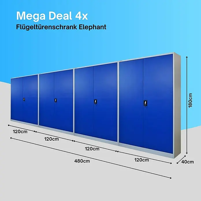 Proregal Aktenschrank Mega Deal 4x ELEPHANT mit 2 Türen, abschließbar - B x T x H: 120 x 40 x 180 cm, Blau/Lichtgrau
