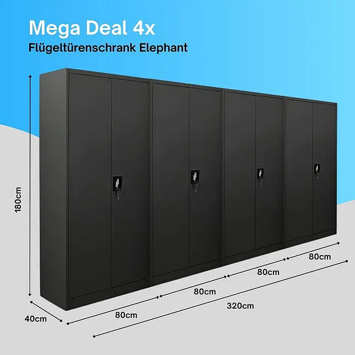 Proregal Aktenschrank Mega Deal 4x ELEPHANT komplett montiert - B x T x H: 80 x 40 x 180 cm, Schwarz