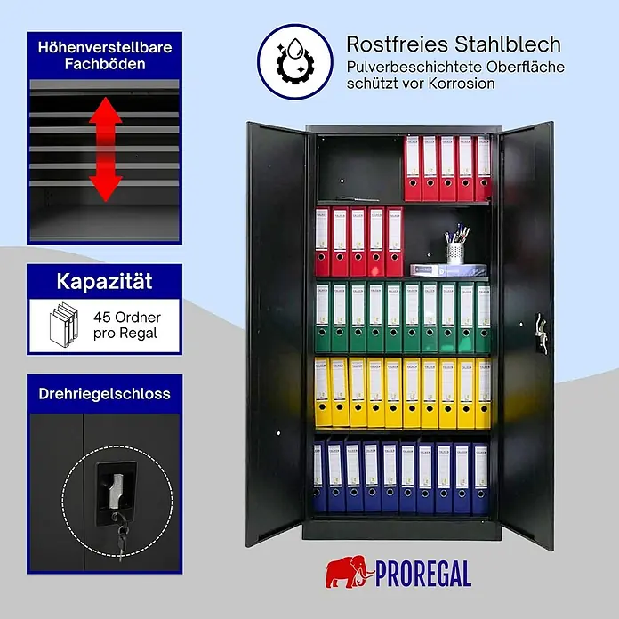 Proregal Aktenschrank Mega Deal 4x ELEPHANT komplett montiert - B x T x H: 80 x 40 x 180 cm, Schwarz