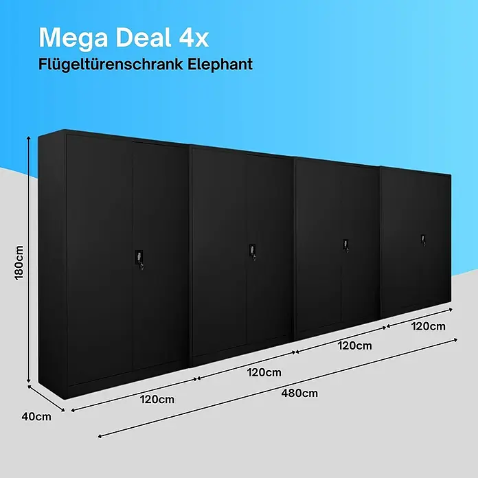 Proregal Aktenschrank Mega Deal 4x ELEPHANT komplett montiert - B x T x H: 120 x 40 x 180 cm, Schwarz