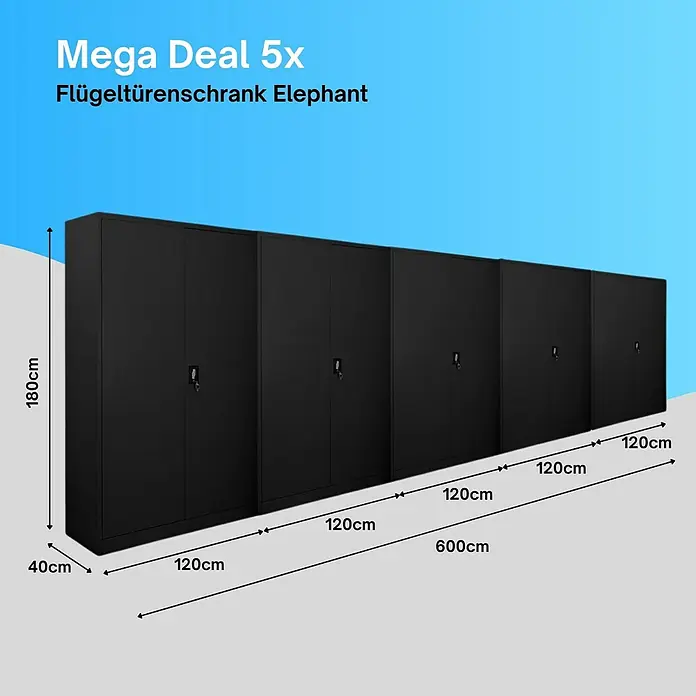 Proregal Aktenschrank Mega Deal 5x ELEPHANT komplett montiert - B x T x H: 120 x 40 x 180 cm, Schwarz
