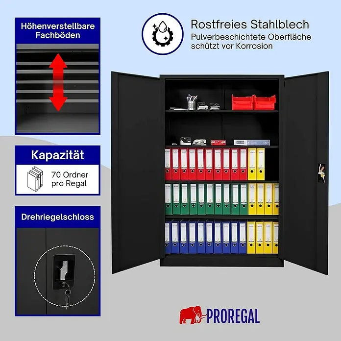 Proregal Aktenschrank Mega Deal 5x ELEPHANT komplett montiert - B x T x H: 120 x 40 x 180 cm, Schwarz