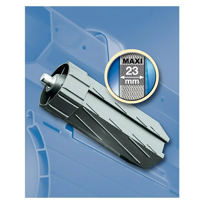 Schellenberg Bobina Maxi - Diámetro eje octogonal: 60 mm, Largo: 150 mm, Apto para: Maxi sistemas de persianas enrollables - Primer plano de una polea enrolladora de cinta Maxi, destacando su construcción y tamaño de 23 mm.