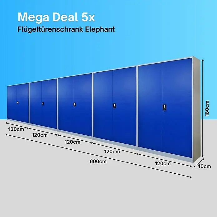 Proregal Aktenschrank Mega Deal 5x ELEPHANT komplett montiert - B x T x H: 120 x 40 x 180 cm, Blau/Lichtgrau