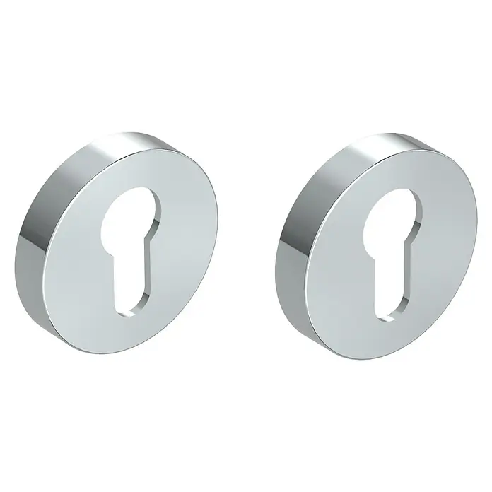 Diamond Doors Schlüsselschild - Profilzylinder, Chrom - Zwei isometrische glänzende silberne Metall-Schlüssellöcher.