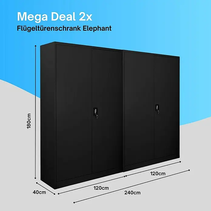 Proregal Aktenschrank Mega Deal 2x ELEPHANT mit 2 Türen, abschließbar - B x T x H: 120 x 40 x 180 cm, Schwarz