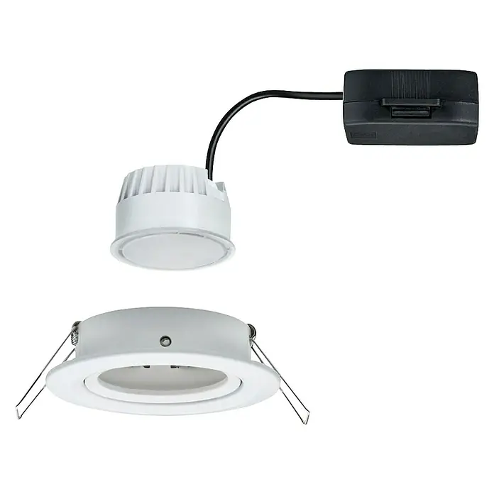 Paulmann Nova LED-Einbauleuchte - 6,5 W, Warmweiß, 1 Stk., Leuchtenkopf beweglich, Weiß - Nahaufnahme einer LED-Einbauleuchte in Weiß mit schwarzem Anschlusskasten. Das Design ist modern und funktional.
