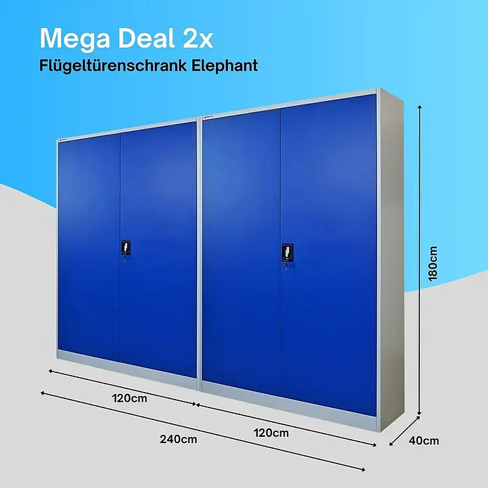 Proregal Aktenschrank Mega Deal 2x ELEPHANT komplett montiert - B x T x H: 120 x 40 x 180 cm, Blau/Lichtgrau