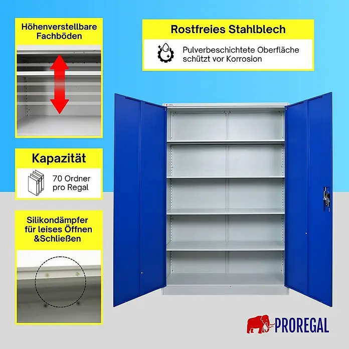 Proregal Aktenschrank Mega Deal 4x ELEPHANT komplett montiert - B x T x H: 120 x 40 x 180 cm, Blau/Lichtgrau