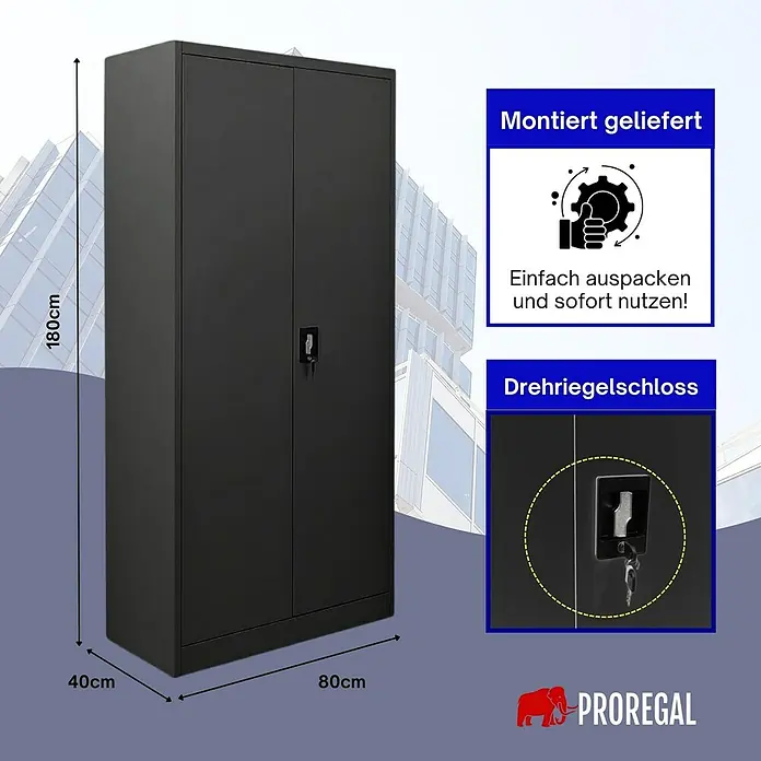 Proregal Aktenschrank ELEPHANT komplett montiert - B x T x H: 80 x 40 x 180 cm, Schwarz