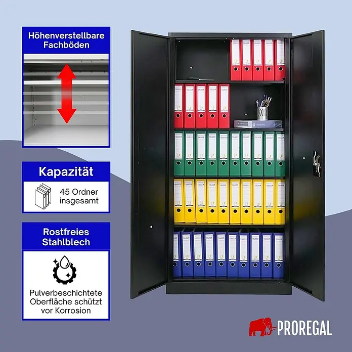 Proregal Aktenschrank ELEPHANT komplett montiert - B x T x H: 80 x 40 x 180 cm, Schwarz