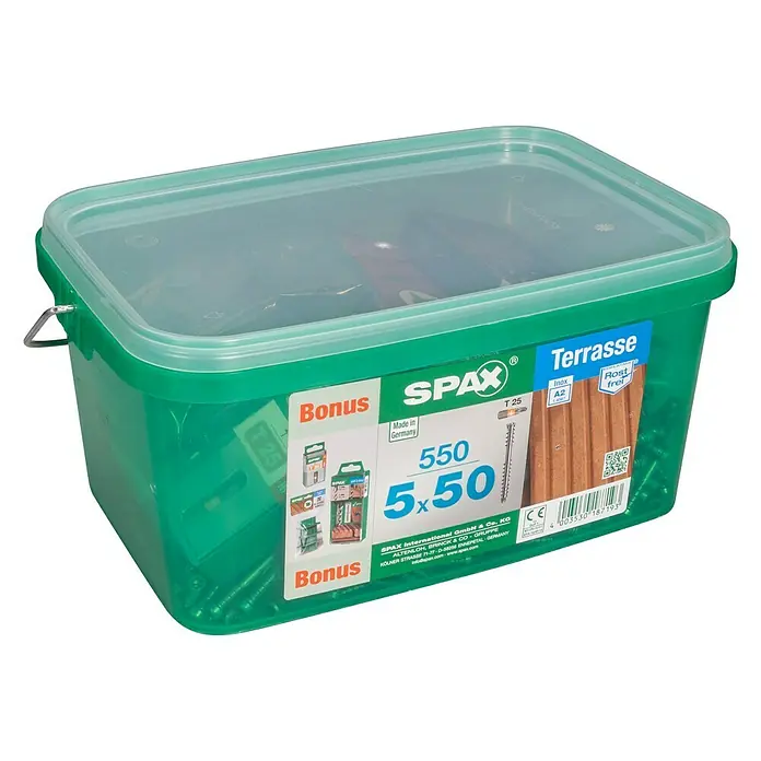 Spax T-Star plus Terrassenschraube Bonus Set T-Star Plus - Ø x L: 5 x 50 mm, Edelstahl rostfrei A2, Blank, 555 -tlg. - Eine grüne Kunststoffbox mit Schrauben der Marke SPAX, speziell für Terrassen, inklusive Bonus-Pack und Schraubengröße 5x50.