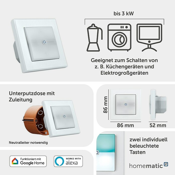 Homematic IP Funkschalter (52 x 86 x 86 mm, Weiß, 230 V/50 Hz)