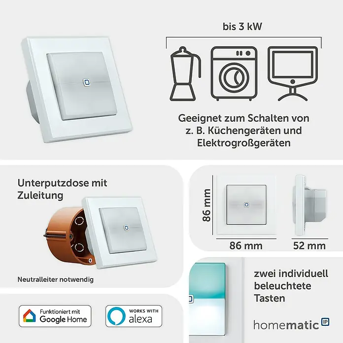 Homematic IP Funkschalter HmIP-BSL - 52 x 86 x 86 mm, Grau, 230 V - Weißer smarter Wandschalter (86x86x52 mm) zur Unterputzmontage, bis 3 kW, mit Google Home & Alexa, zwei beleuchtete Tasten.