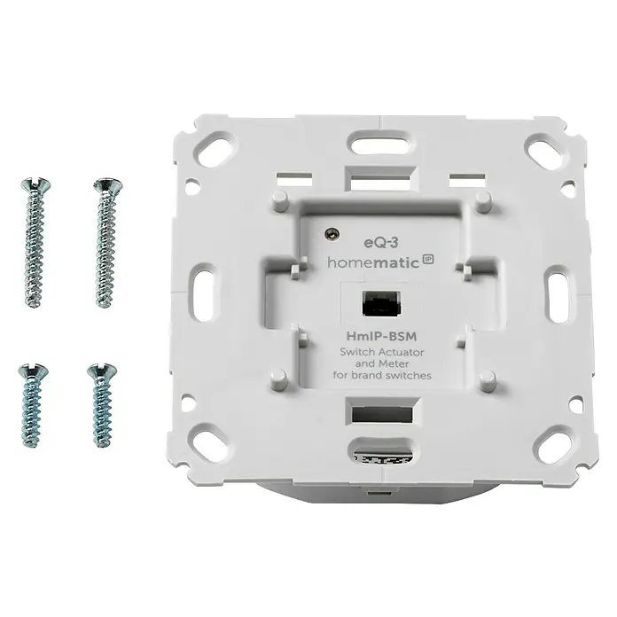 Homematic IP Schalter Mess-Aktor für Markenschalter HmIP-BSM - 230 V, 5 A, Max. Anschlussleistung: 1.150 W - Weißes Homematic IP HmIP-BSM Smart-Schaltaktor- und Messmodul, Rückansicht mit Anschlussbuchsen und Befestigungsschrauben zur Integration in Markenschalter.