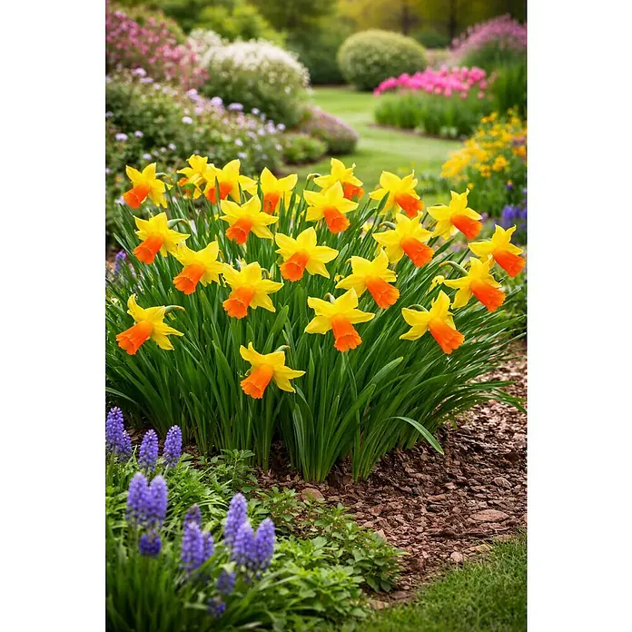 Piardino Frühlingsblüher Narzisse -  - Leuchtend gelbe Narzissen mit orangefarbenen Blütenkelchen blühen in einem üppigen Frühlingsgarten, umgeben von lila und rosa Blumen.