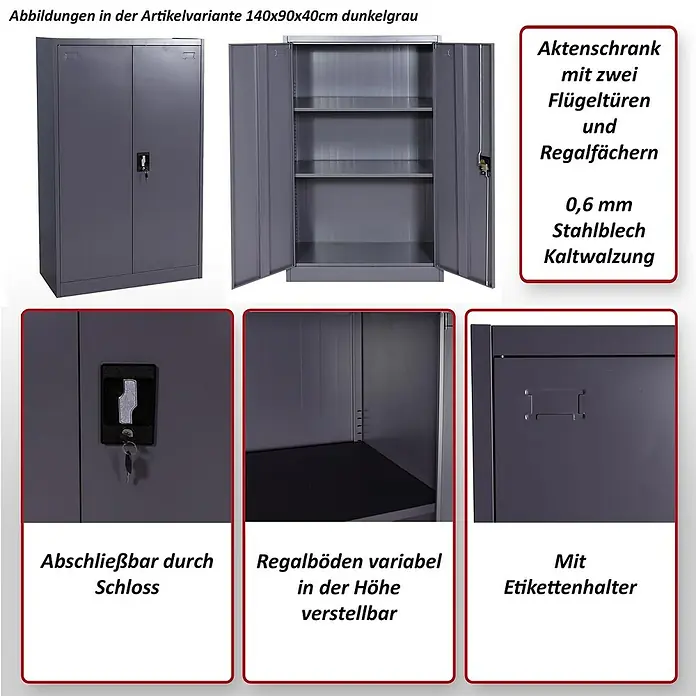 Proregal Aktenschrank mit 2 Türen abschließbar Metall - B x T x H: 90 x 40 x 185 cm, Grau