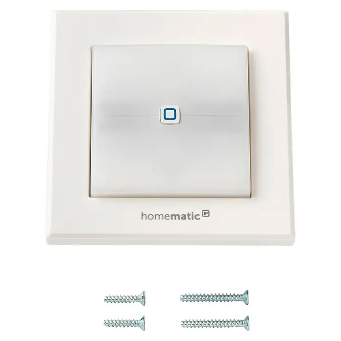 Homematic IP Funkschalter HmIP-BSL - 52 x 86 x 86 mm, Grau, 230 V - Weißer Homematic IP Smart-Home-Wandschalter/Sensor mit blauem Knopf und vier Montageschrauben.