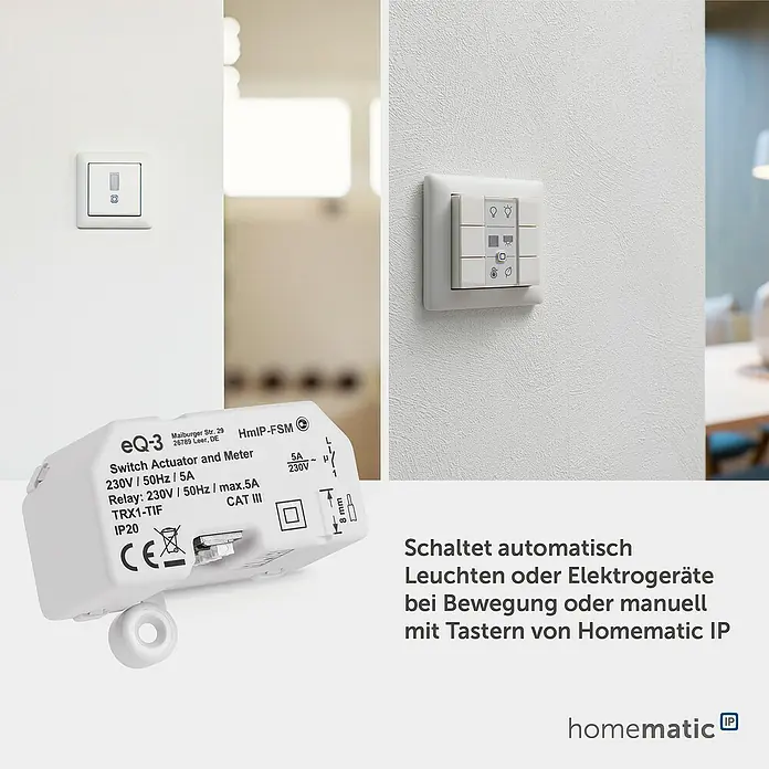 Homematic IP Funkschalter HmIP-FSM - 41 x 54 x 33 mm, Unterputz, 230 V, 5 A - Weißer Homematic IP Schaltaktor und Messgerät. Automatisiert Lichter/Geräte per Bewegung oder manuelle Smart-Schalter.