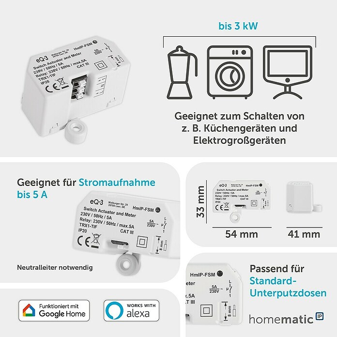 Homematic IP Funkschalter (41 x 54 x 33 mm, Unterputz, 230 V/50 Hz, 5 A)