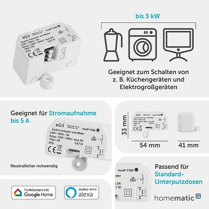 Homematic IP Funkschalter HmIP-FSM - 41 x 54 x 33 mm, Unterputz, 230 V, 5 A - Weißer Smart-Home-Schaltaktor und Zähler, zum Steuern von Geräten bis 3kW/5A.