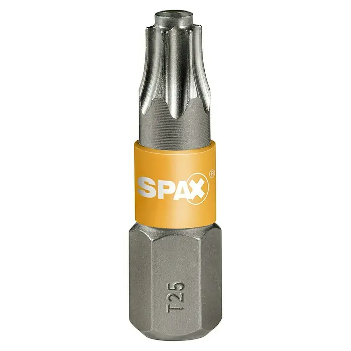 Spax Bit T-Star plus - T25, 1 Stk. - Nahaufnahme eines Spax T25 Bits mit gelbem Ring und Firmenlogo, der für Schraubarbeiten in verschiedenen Projekten verwendet wird.