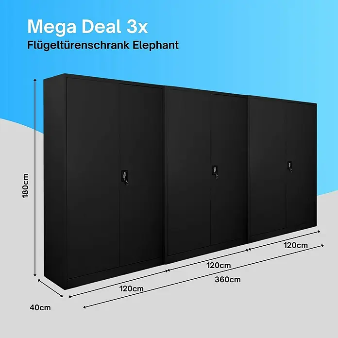 Proregal Aktenschrank Mega Deal 3x ELEPHANT komplett montiert - B x T x H: 120 x 40 x 180 cm, Schwarz