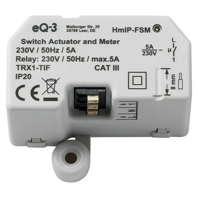 Homematic IP Funkschalter Mess-Aktor HmIP-FSM16 - 230 V, 16 A, 41 x 54 x 33 mm - Weißes Kunststoffmodul eQ-3 HmIP-FSM als Schaltaktor und Zähler mit elektrischen Angaben.