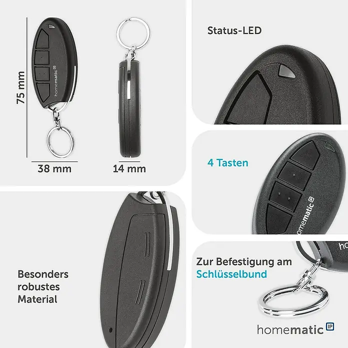 Homematic IP Funkfernbedienung Schlüsselanhänger HmIP-KRC4 - Schwarz, 14 x 38 x 75 mm - Schwarze Homematic IP Schlüsselanhänger-Fernbedienung, 75x38x14 mm, mit 4 Tasten, Status-LED, robustem Material.