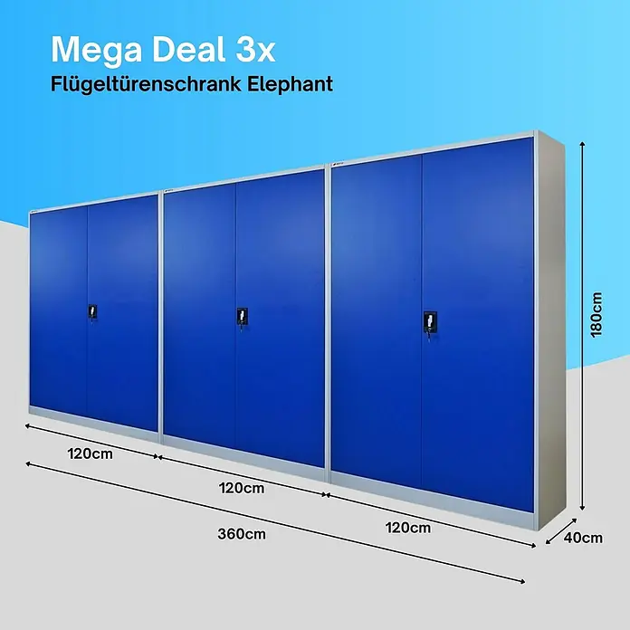 Proregal Aktenschrank Mega Deal 3x ELEPHANT mit 2 Türen, abschließbar - B x T x H: 120 x 40 x 180 cm, Blau/Lichtgrau