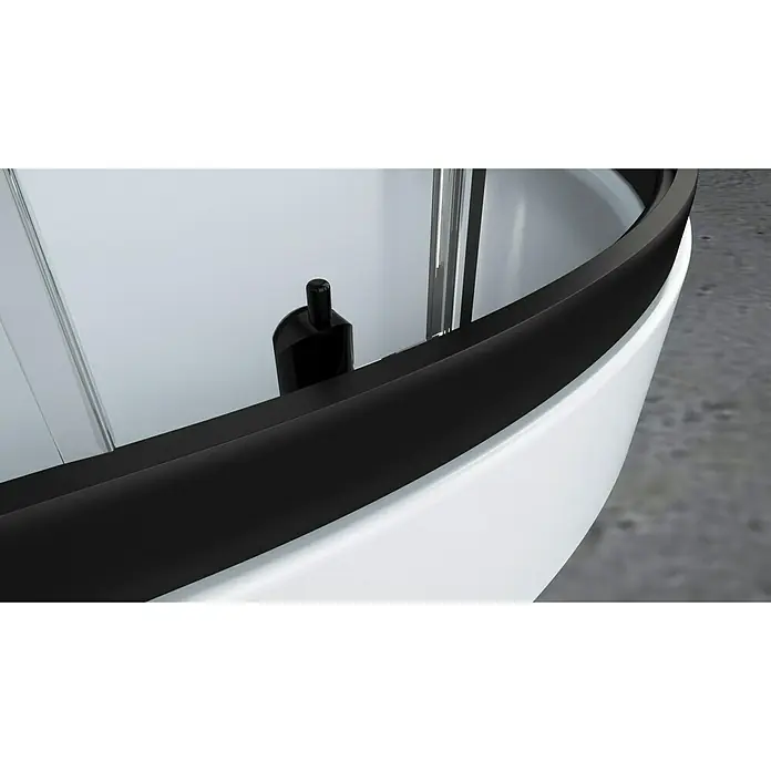 Aurlane Cabina de ducha completa Black Sea - 90 x 90 x 210 cm, Blanco/Negro - Primer plano de una bañera con borde y accesorios negros. El diseño es moderno y minimalista.