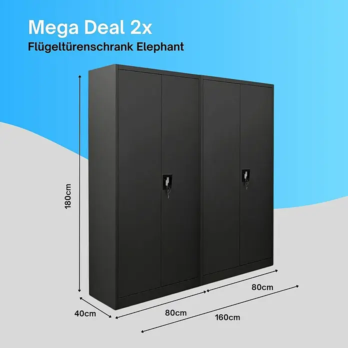 Proregal Aktenschrank Mega Deal 2x ELEPHANT komplett montiert - B x T x H: 80 x 40 x 180 cm, Schwarz