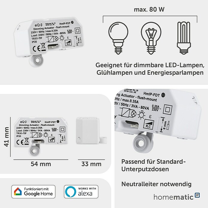 Homematic IP Phasenabschnittdimmer-Einsatz (41 x 54 x 33 mm, Unterputz)