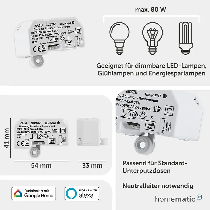 Homematic IP Phasenabschnittdimmer-Einsatz HmIP-FDT - 41 x 54 x 33 mm, Unterputz, 230 V - Weißer Smart Home Unterputz-Dimmaktor mit Abmessungen, technischen Daten und Symbolen für kompatible Leuchtmittel und Sprachassistenten.