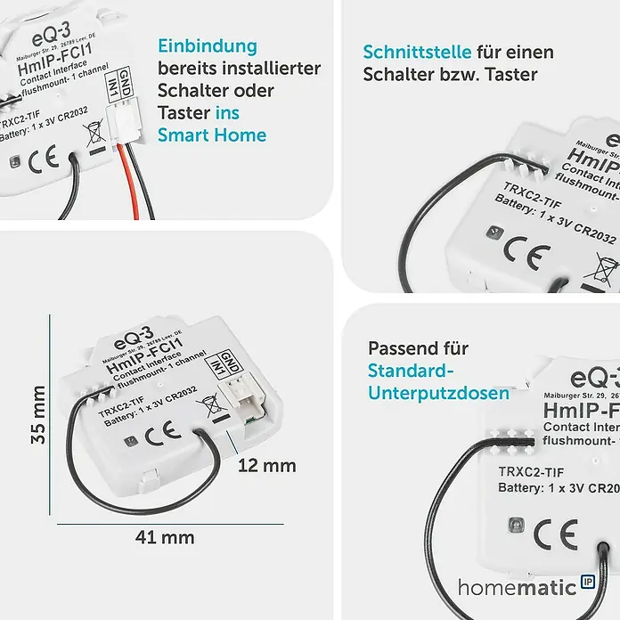Homematic IP Adapter Kontakt-Schnittstelle HmIP-FCI1 - Batteriebetrieben, Unterputz - Weißes Homematic IP Unterputz-Kontaktschnittstellenmodul (HmIP-FCI1) mit Kabeln, zeigt Maße 41x35x12 mm zur Smart Home Integration von Schaltern.