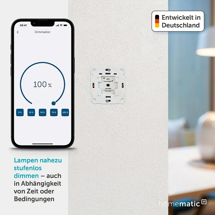 Homematic IP Phasenabschnittdimmer-Einsatz HmIP-BDT - 37 x 71 x 71 mm, Unterputz, 230 V - Weißes Smart Home Dimmermodul an einer Wand, gesteuert per Smartphone-App mit 100% Dimmereinstellung, plus 'Entwickelt in Deutschland' Abzeichen.