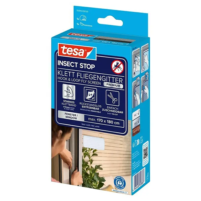 Tesa Insect Stop Insektenschutzgitter Premium - B x H: 170 x 180 cm, Weiß, Montage Insektengitter: Ankletten - Tesa Insect Stop Klett-Fliegengitter für Fenster, weißes Netz, max. 170x180 cm. Stark, rückstandsfrei entfernbar, einfach zuzuschneiden.