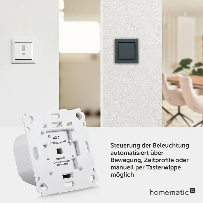 Homematic IP Phasenabschnittdimmer-Einsatz HmIP-BDT - 37 x 71 x 71 mm, Unterputz, 230 V - Homematic IP HmIP-BDT Dimmaktor Modul und zwei installierte Smart-Lichtschalter zur automatisierten oder manuellen Lichtsteuerung.